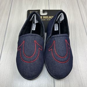New True Religion Slippers Denim With Red Horseshoe Logo Size M 9-10